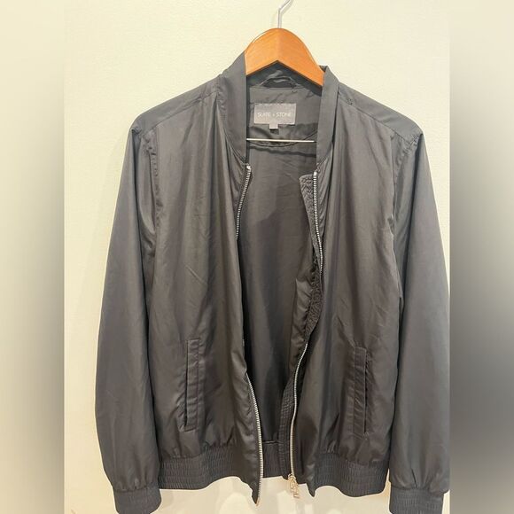 Slate and Stone Men’s Large Black  Windbreaker Silver Zip Up Jacket Coat Top - Picture 5 of 10
